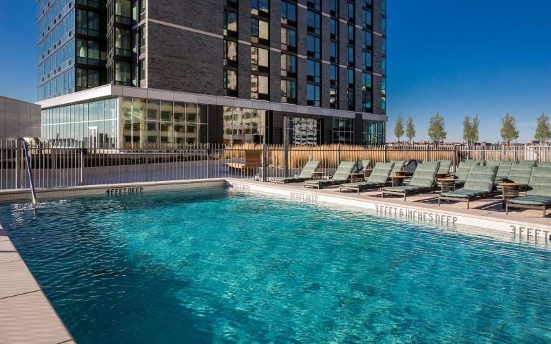 a swimming pool outside a building