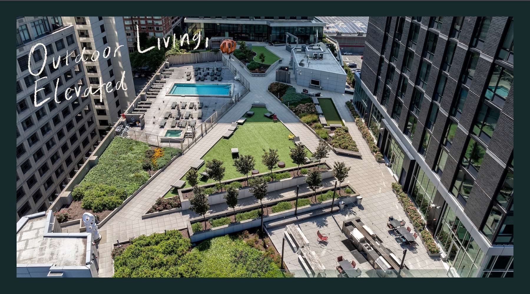 an aerial view of a courtyard
